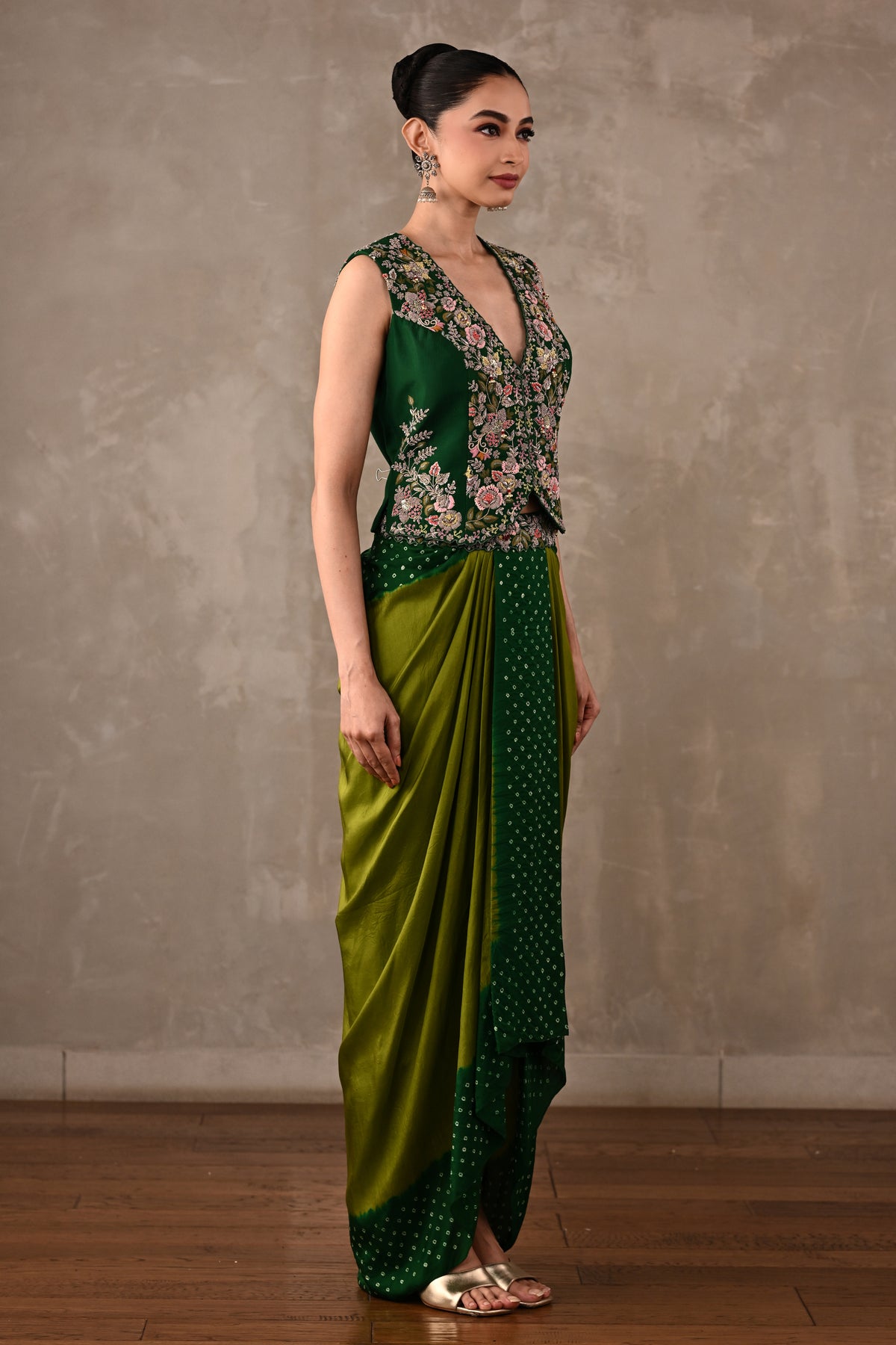 Zardosi Embroidered Top & Bandhej Drape Skirt Set