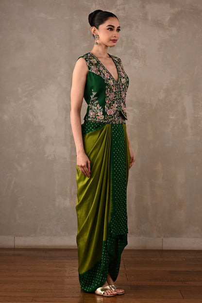 Zardosi Embroidered Top & Bandhej Drape Skirt Set