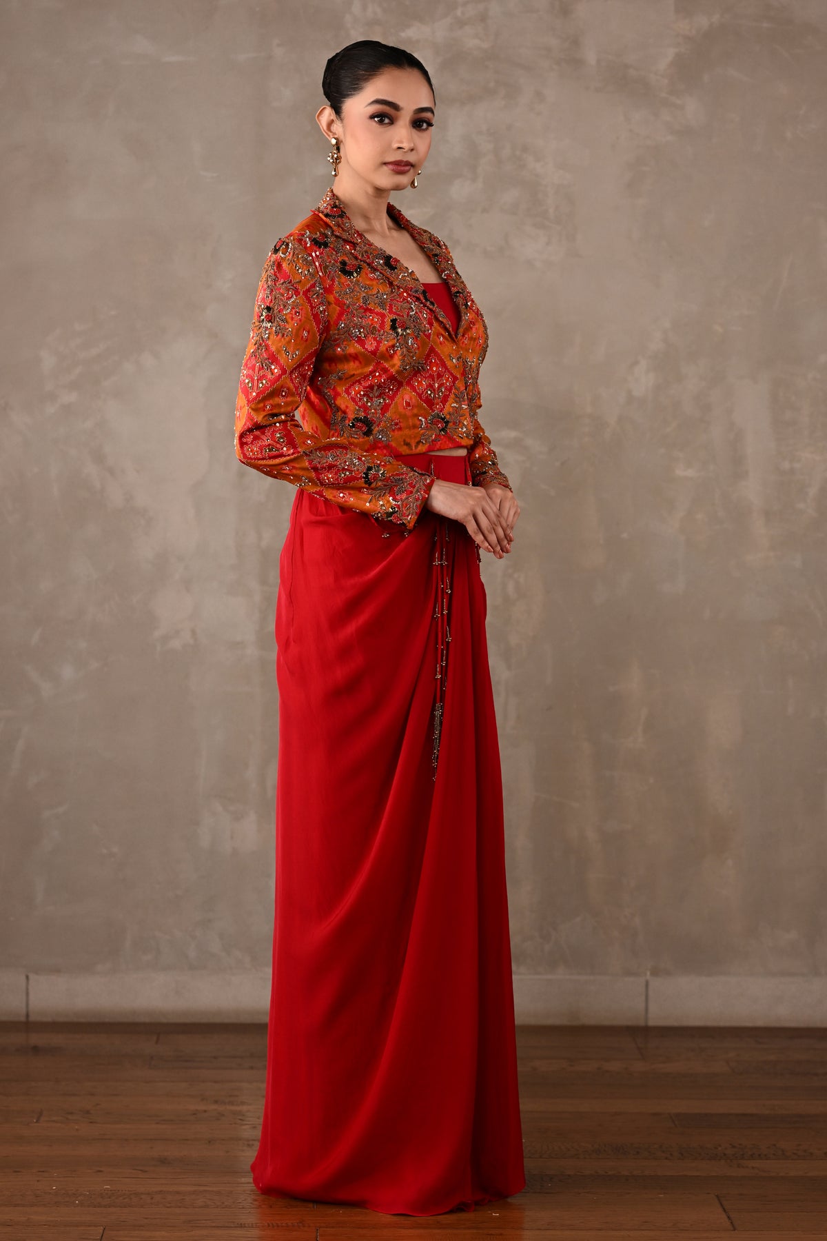 Pochampally Cropped Jacket & Drape Skirt Set