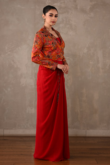 Pochampally Cropped Jacket & Drape Skirt Set