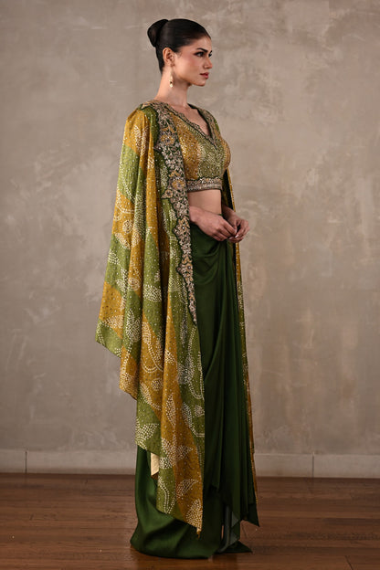 Embellished Silk Cape & Drape Skirt Set