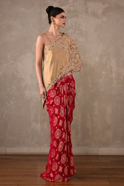 One-Shoulder Embroidered Top & Banarasi Skirt Set