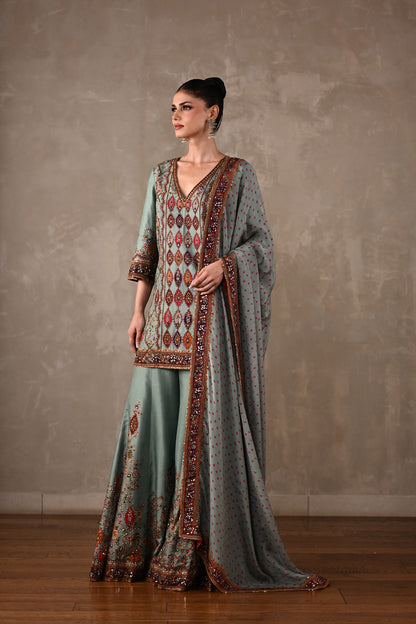 Printed Embellished Kurta Sharara Set