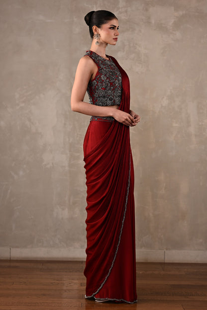 Maroon Embroidered Drape Saree Set