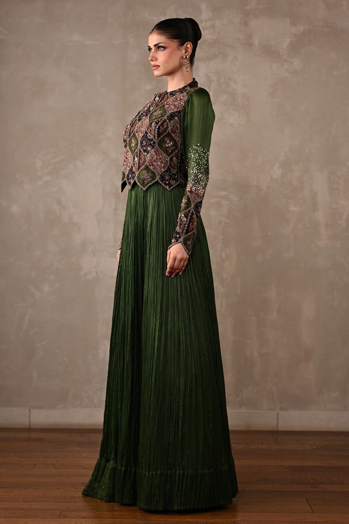 Patchwork-Inspired Embroidered Yoke Gown Set