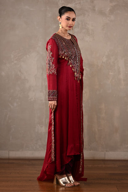 Embellished Satin Chiffon High-Low Kurta Set