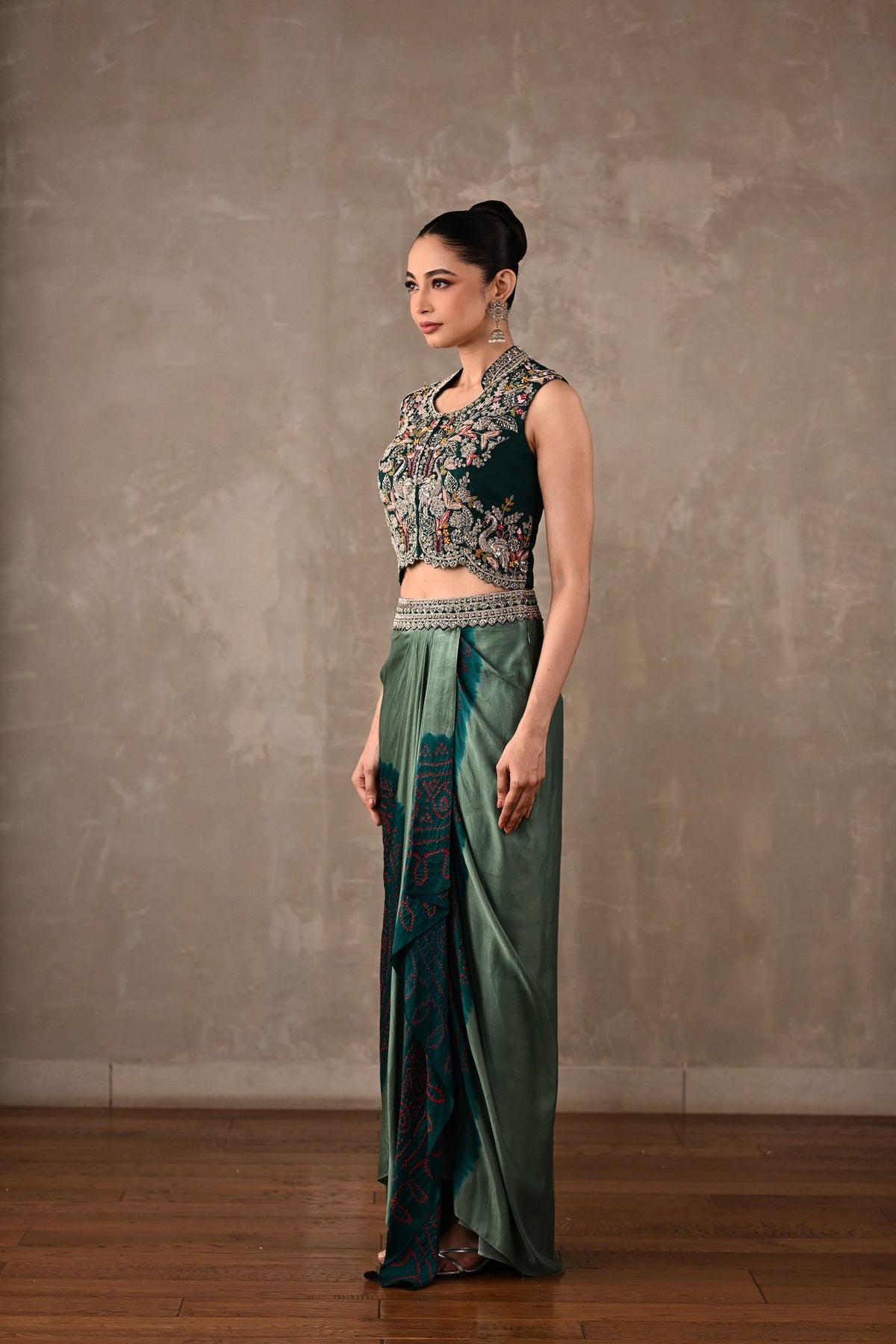 Embroidered Crop Top & Bandhej Drape Skirt Set