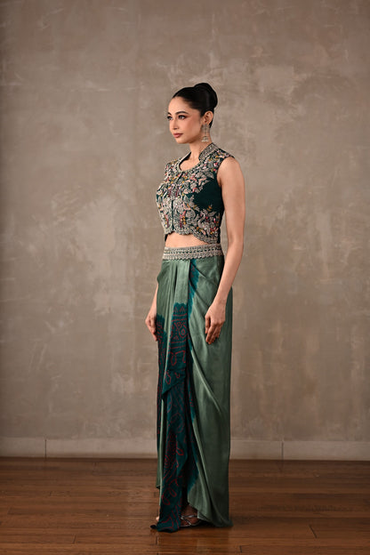 Embroidered Crop Top & Bandhej Drape Skirt Set
