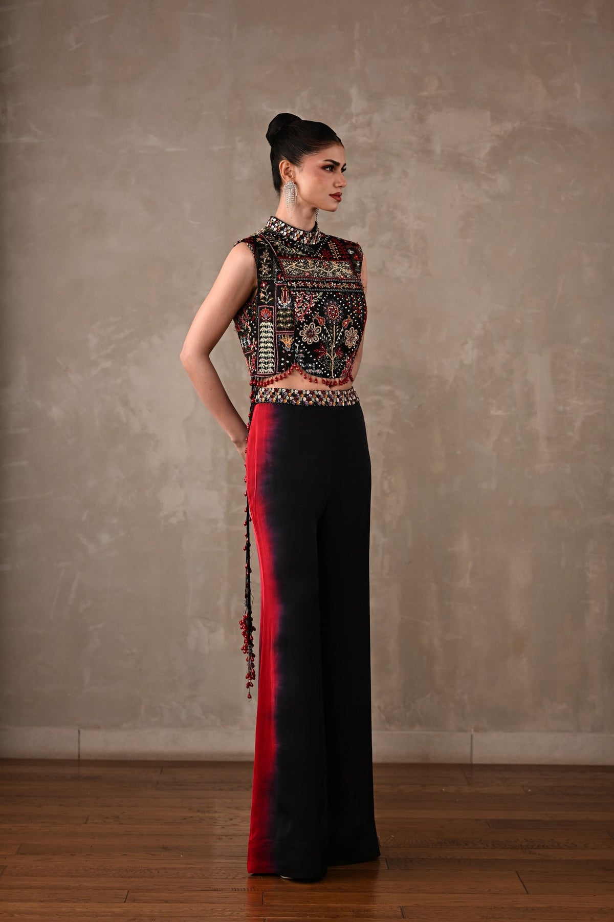 Multicolour Embroidered High-Neck Top & Shaded Pants Set