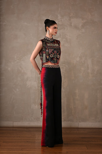 Multicolour Embroidered High-Neck Top & Shaded Pants Set