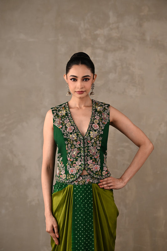 Zardosi Embroidered Top & Bandhej Drape Skirt Set