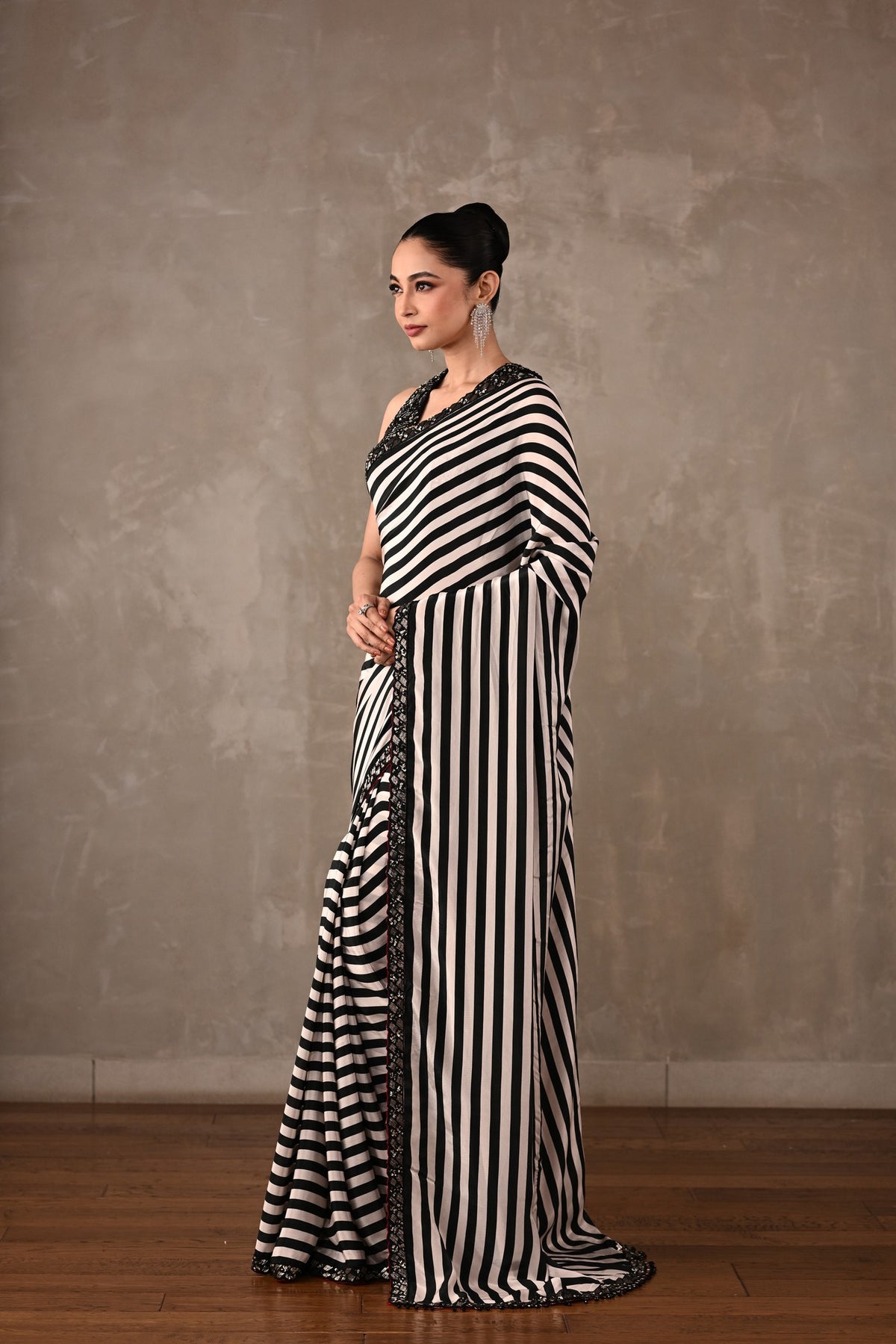 Striped Crepe Saree with Embroidered Blouse