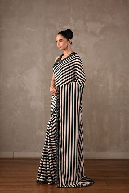 Striped Crepe Saree with Embroidered Blouse