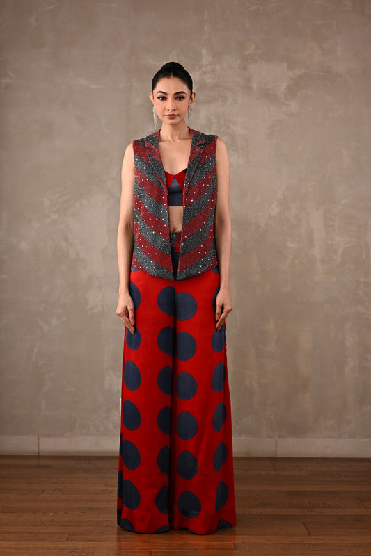 Embellished Vest & Polka Wide-Leg Pants Set