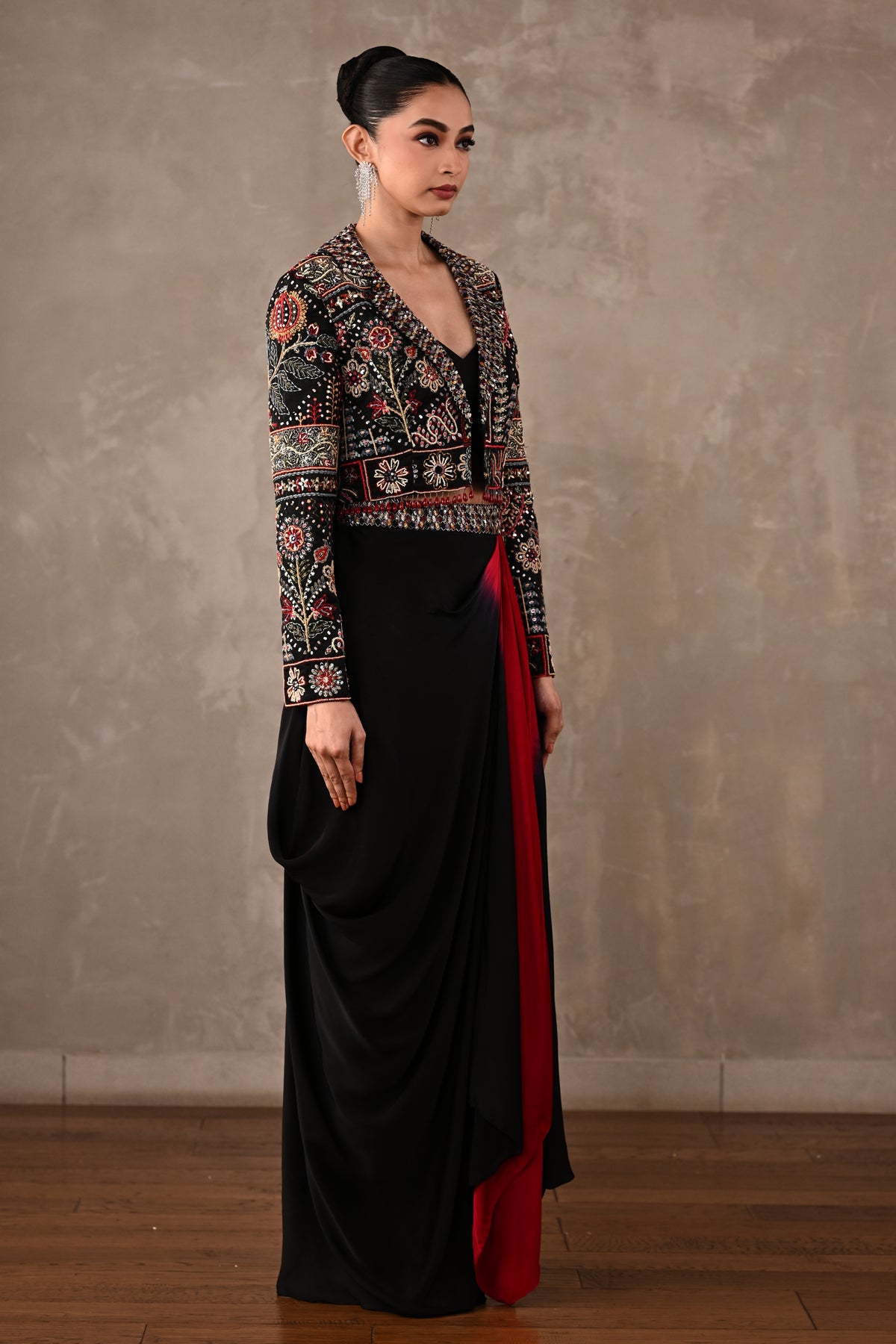 Multicolour Embroidered Cropped Jacket & Skirt Set
