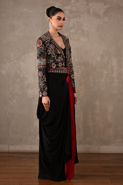 Multicolour Embroidered Cropped Jacket & Skirt Set