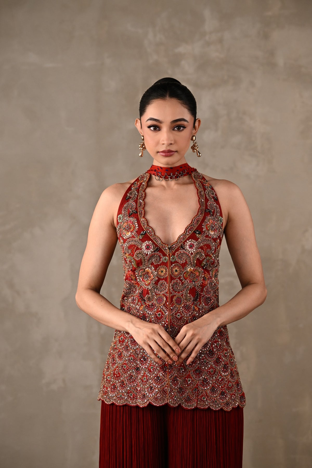 Halter Top with Pleated Pants & Choker Dupatta Set