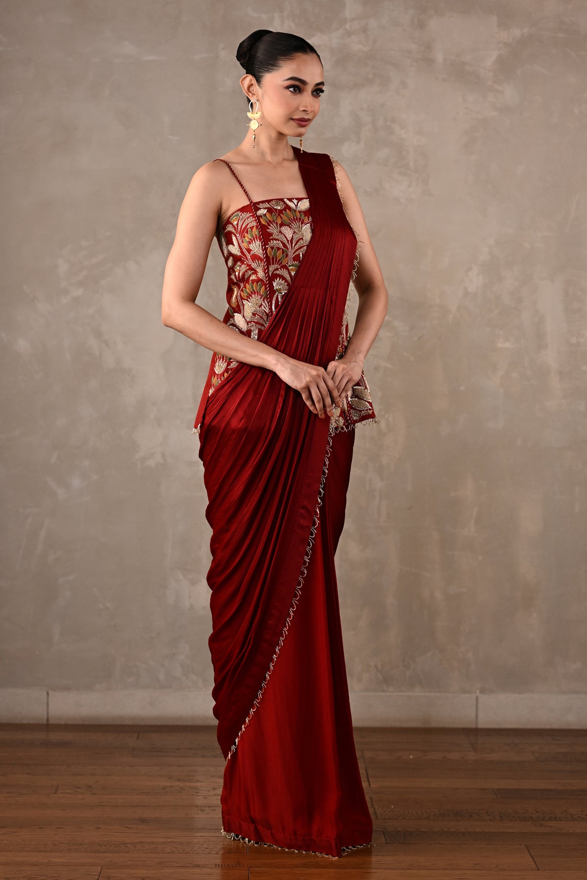 Floral Thread Embroidered Drape Saree Set