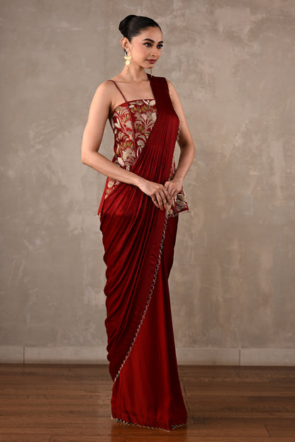 Floral Thread Embroidered Drape Saree Set