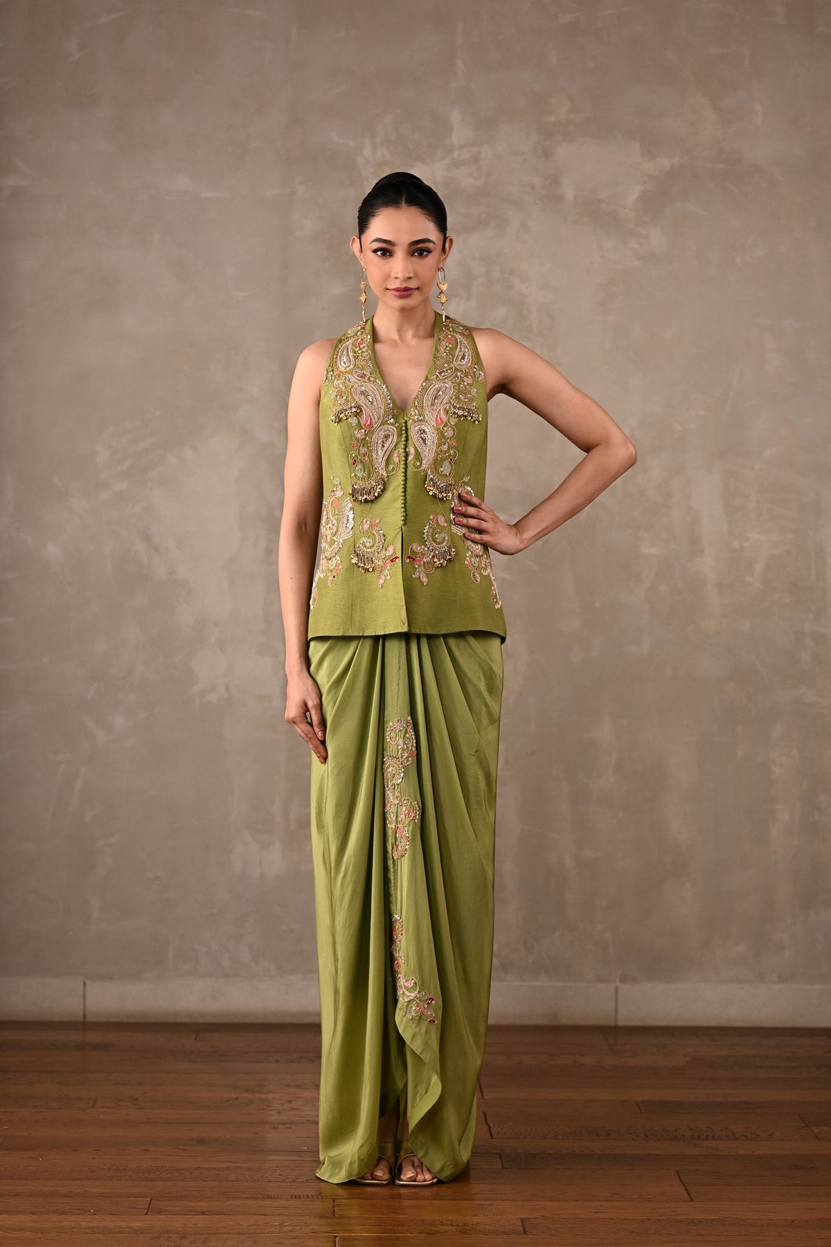 Paisley Embroidered Drape Skirt Set