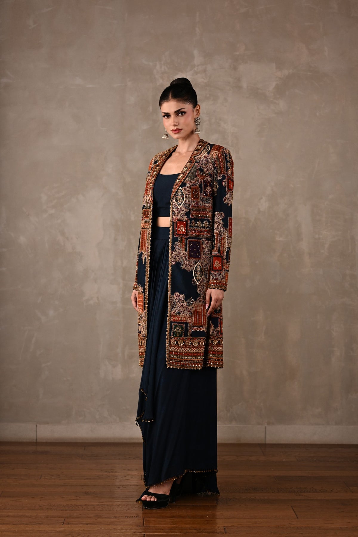 Patchwork-Inspired Long Jacket Skirt Set