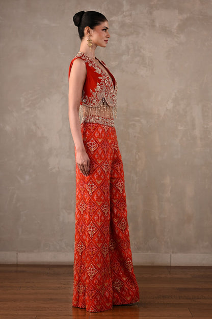 Embellished Silk Waistcoat & Pochampally Pants Set
