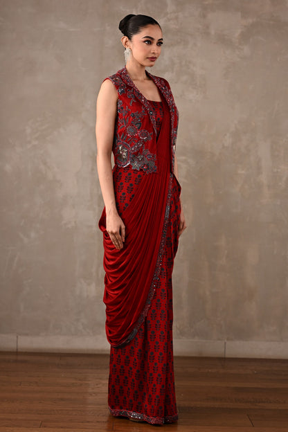 Draped Satin Saree Ensemble