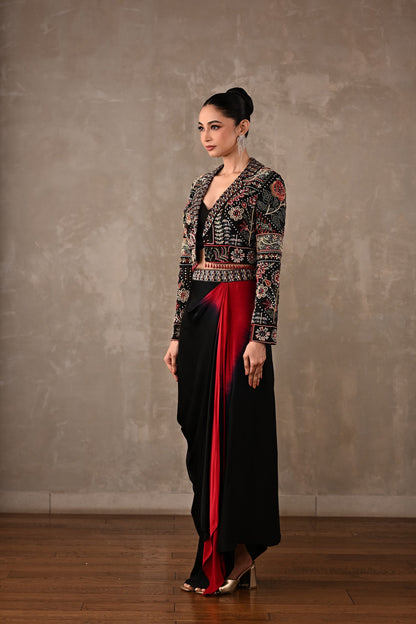 Multicolour Embroidered Cropped Jacket & Skirt Set