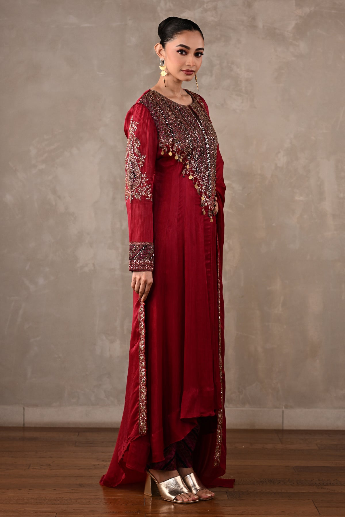 Embellished Satin Chiffon High-Low Kurta Set