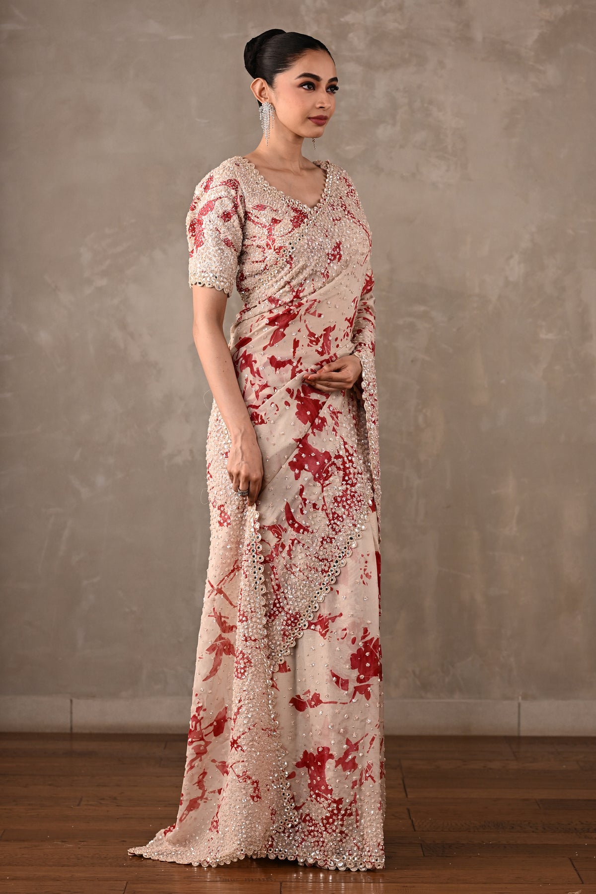 Floral Printed Embellished Saree Set