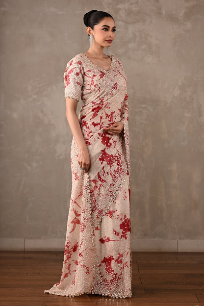 Floral Printed Embellished Saree Set