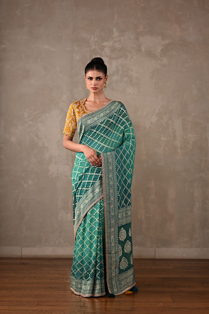 Embroidered Bandhej Saree Set