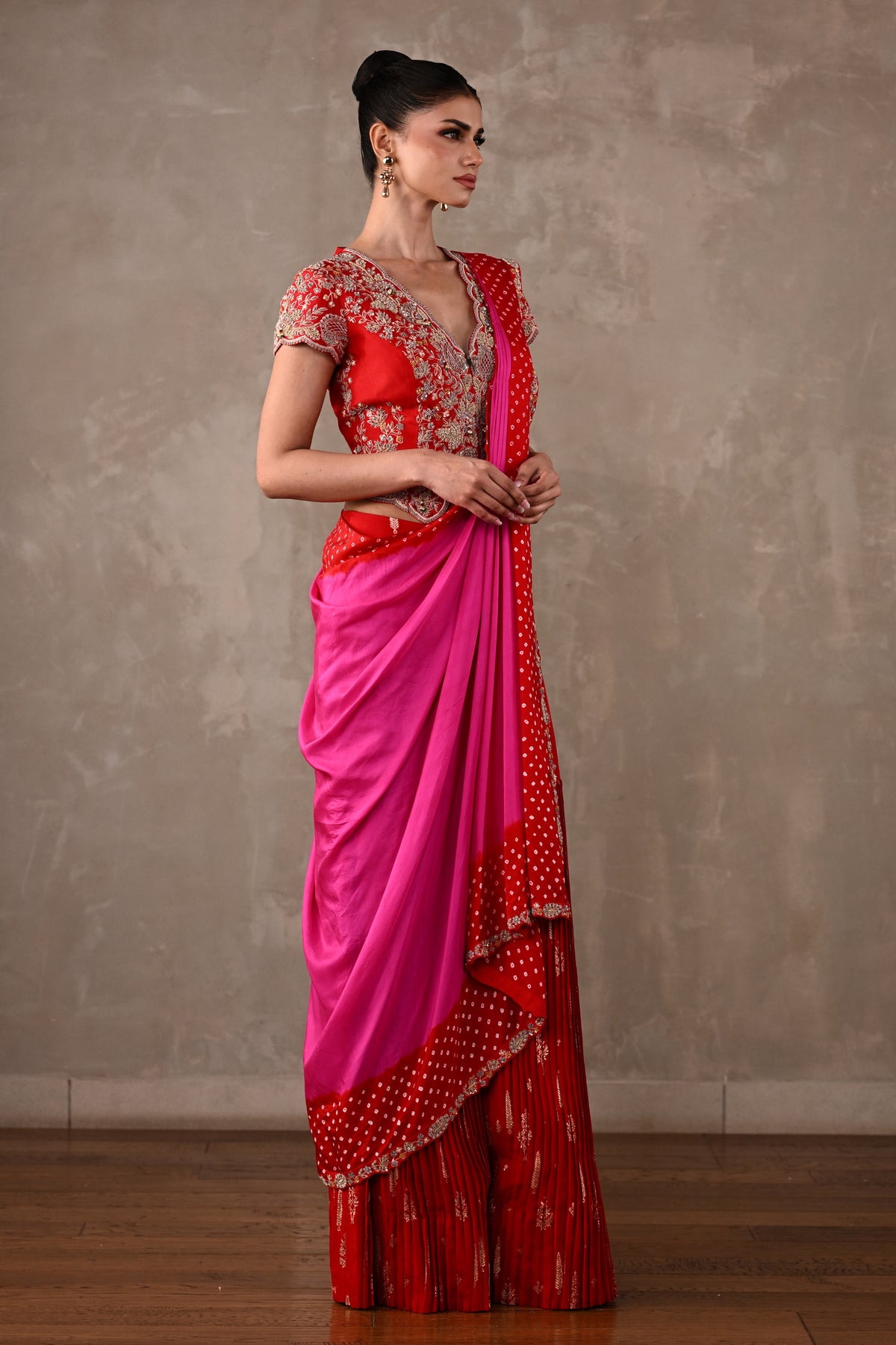 Bandhani Drape Set with Pleated Banarasi Pants