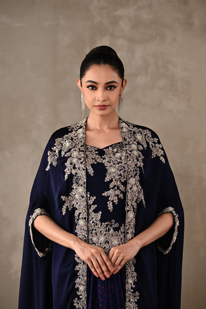 Zardosi Embroidered Cape & Bandhej Drape Skirt Set