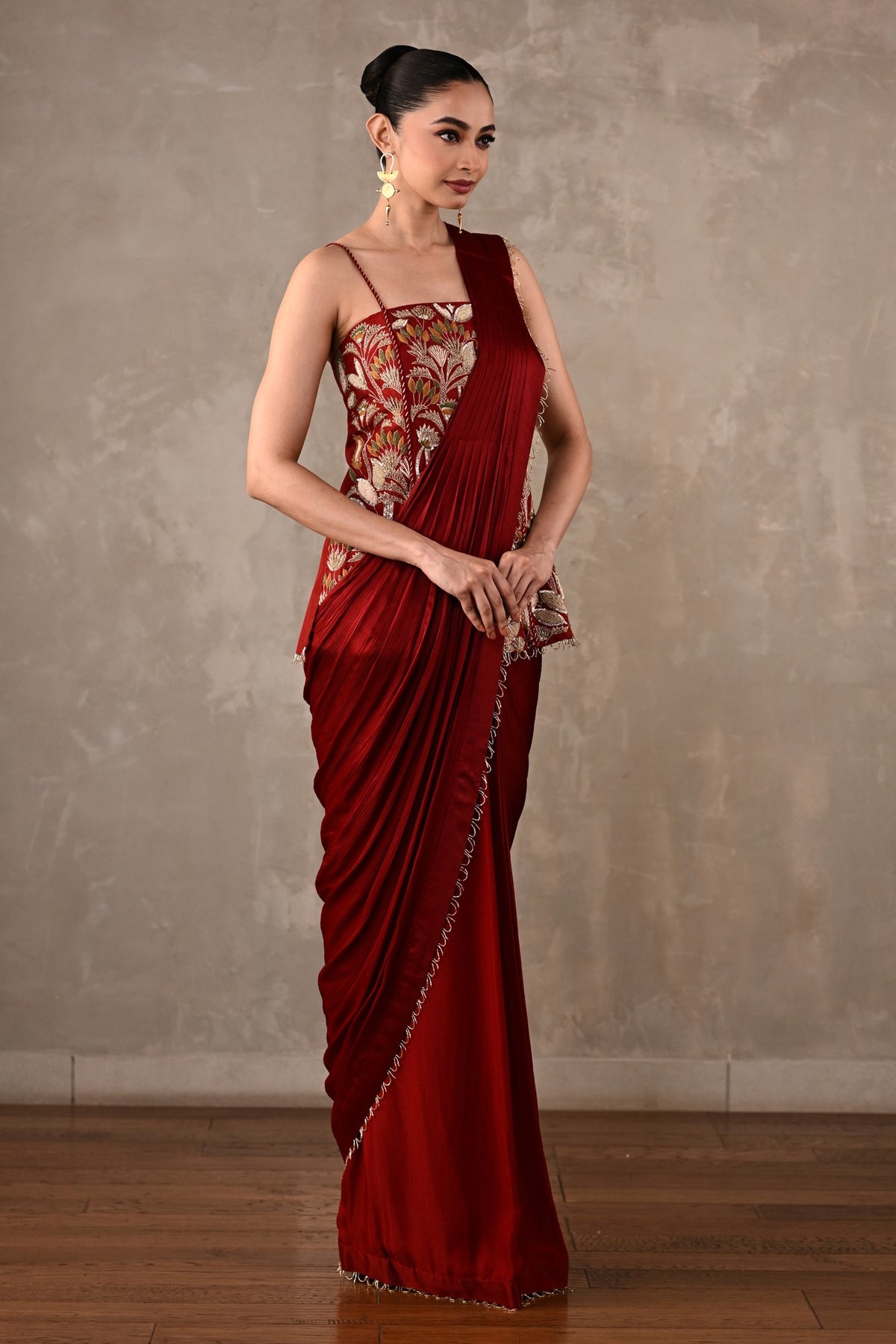 Floral Thread Embroidered Drape Saree Set