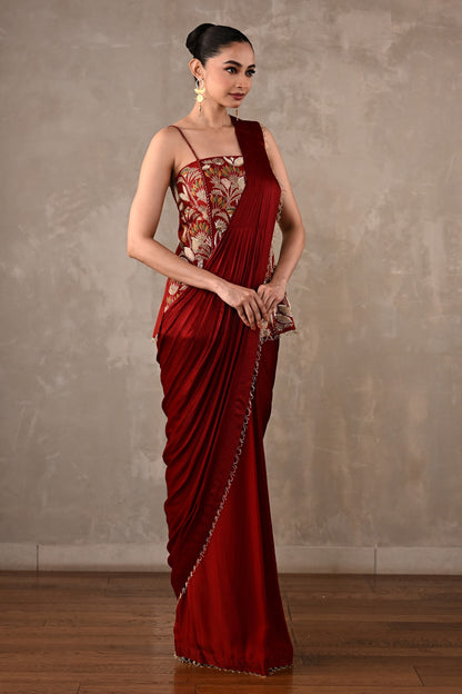Floral Thread Embroidered Drape Saree Set