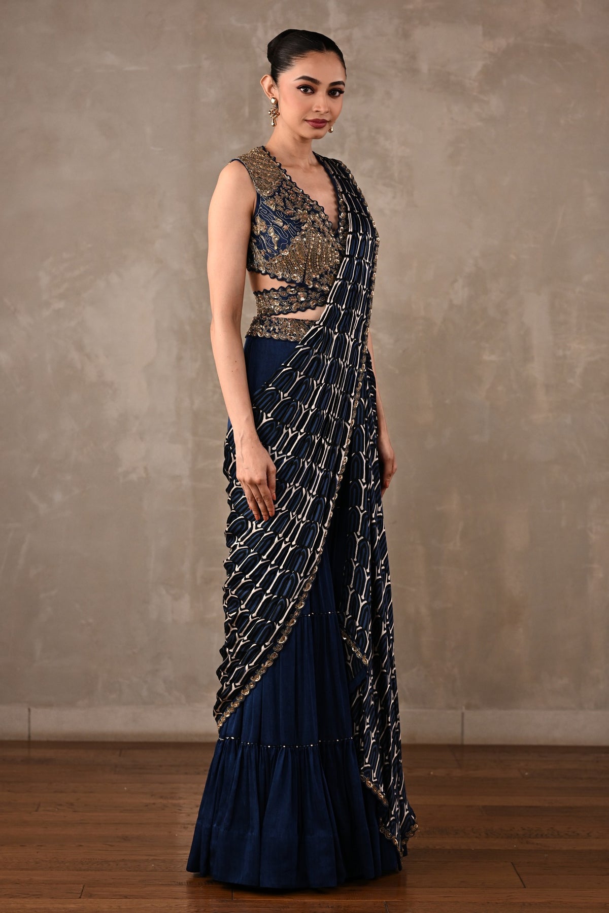 Printed Embroidered Drape Saree Set