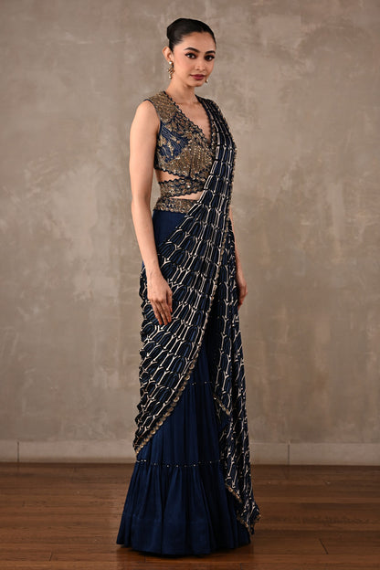 Printed Embroidered Drape Saree Set