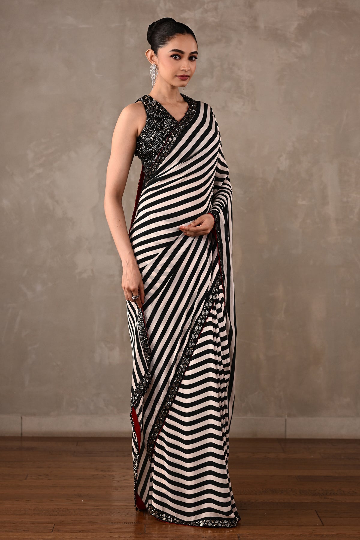 Striped Crepe Saree with Embroidered Blouse