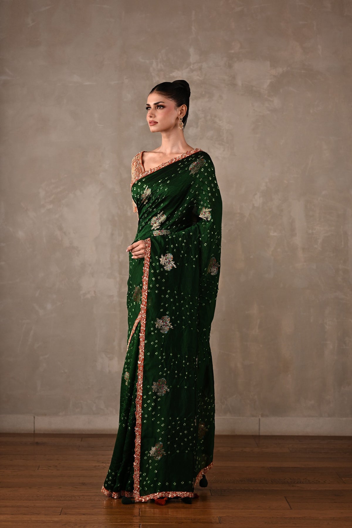 Katan Silk Bandhej Saree with Embroidered Blouse