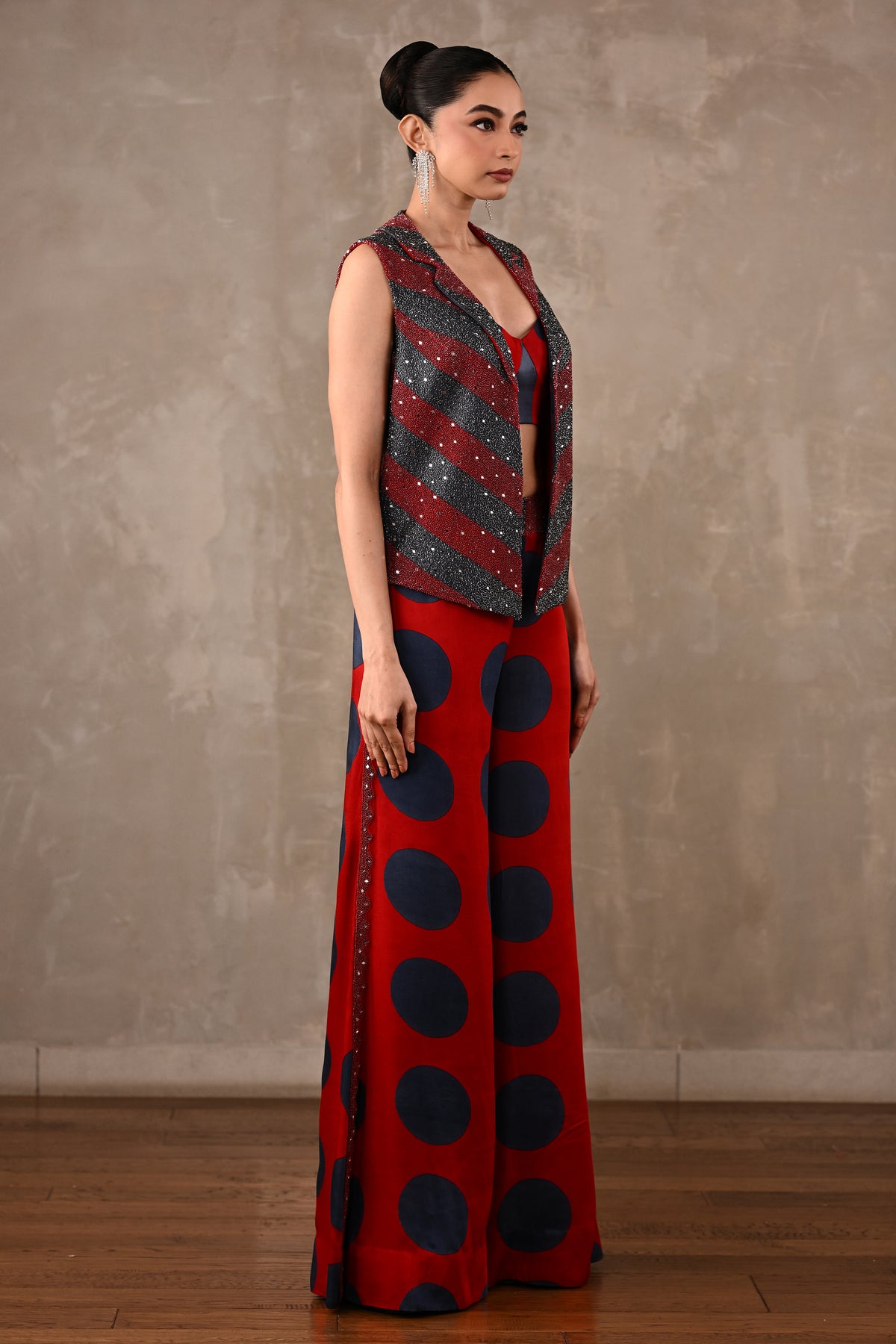 Embellished Vest & Polka Wide-Leg Pants Set