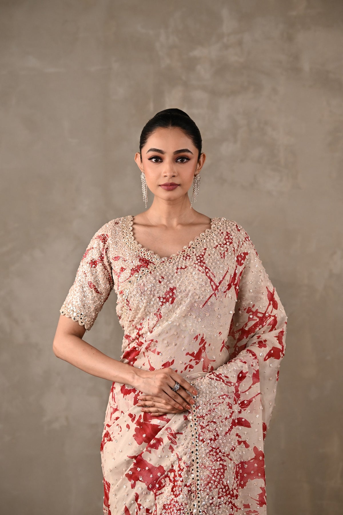 Floral Printed Embellished Saree Set