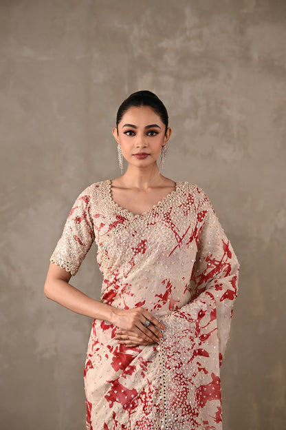 Floral Printed Embellished Saree Set