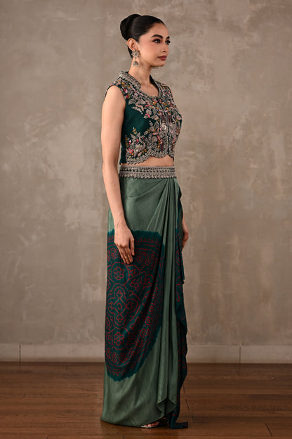 Embroidered Crop Top & Bandhej Drape Skirt Set