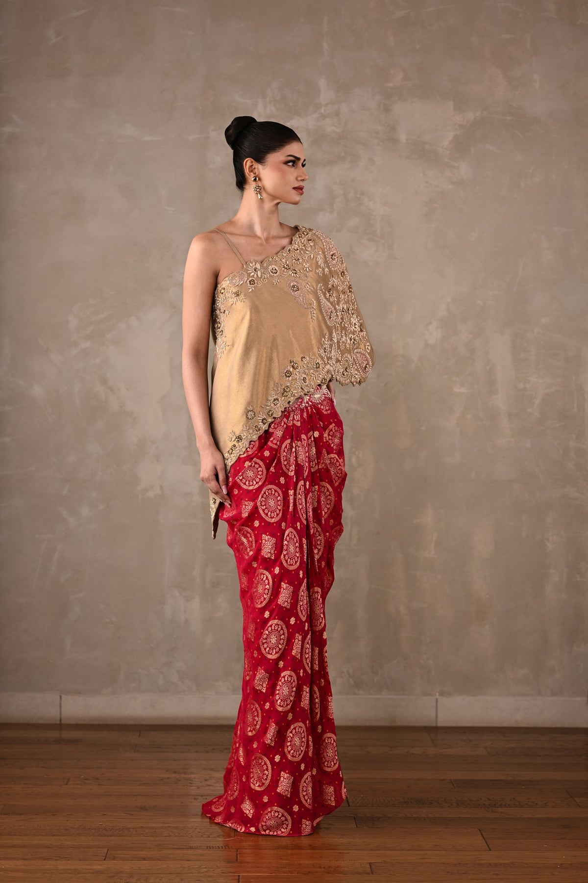 One-Shoulder Embroidered Top & Banarasi Skirt Set