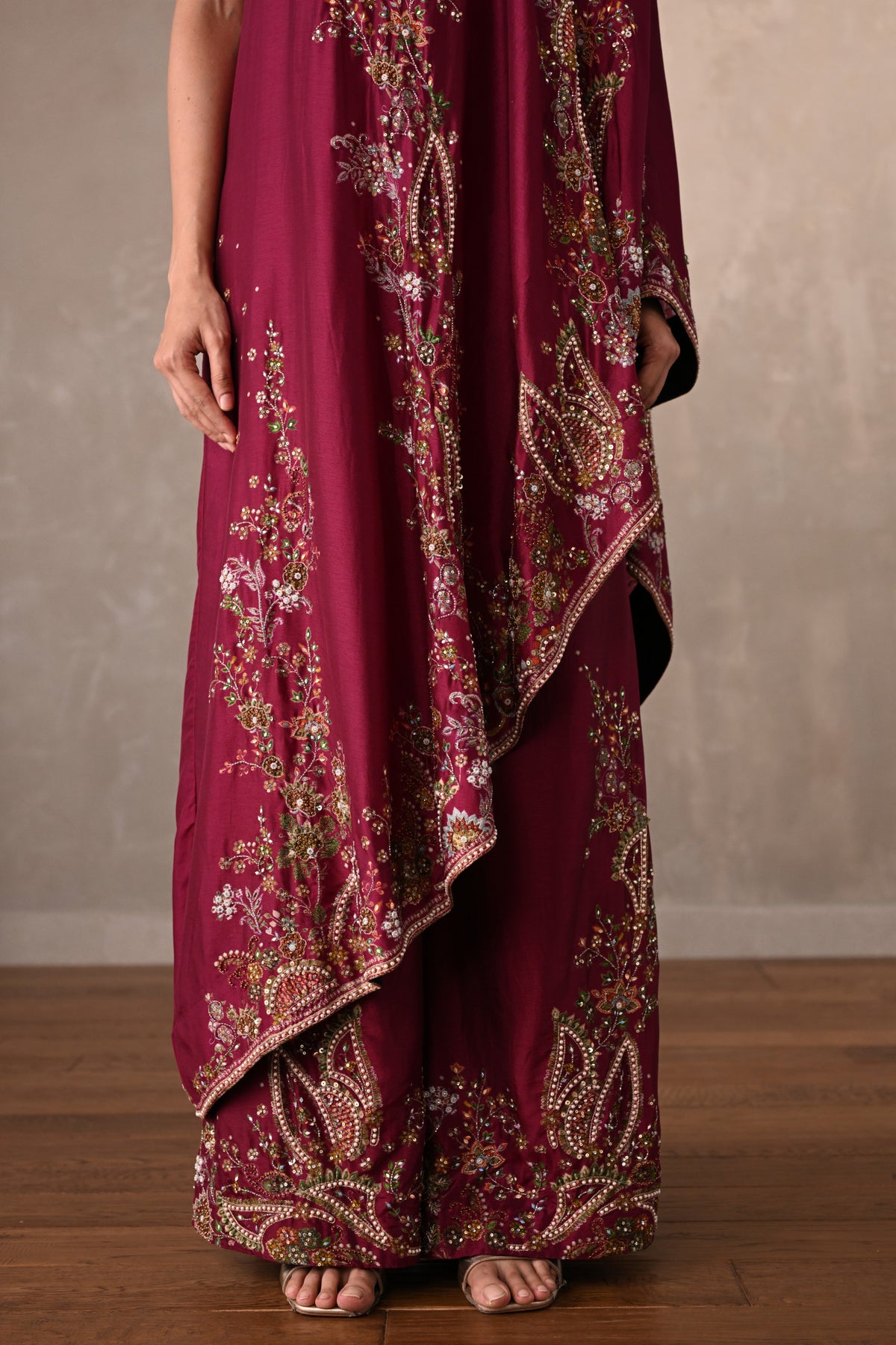 Red Silk One-Shoulder Kurta Set With Embroidered Sharara