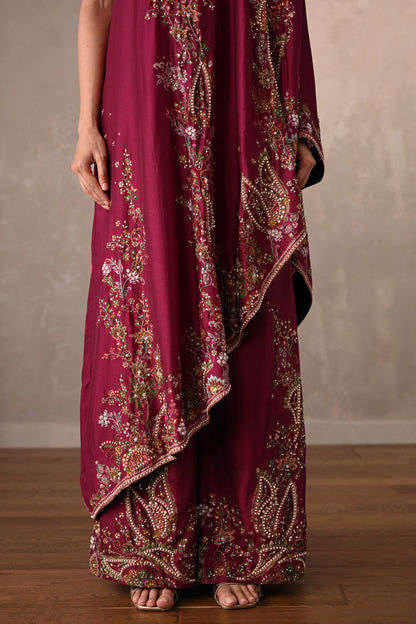 Red Silk One-Shoulder Kurta Set With Embroidered Sharara
