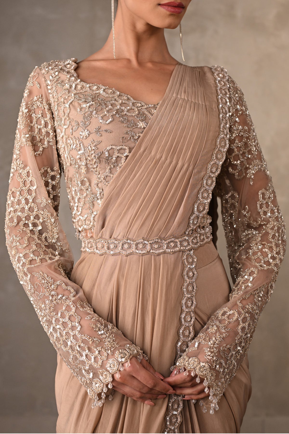 Tone-On-Tone Embroidered Drape Saree