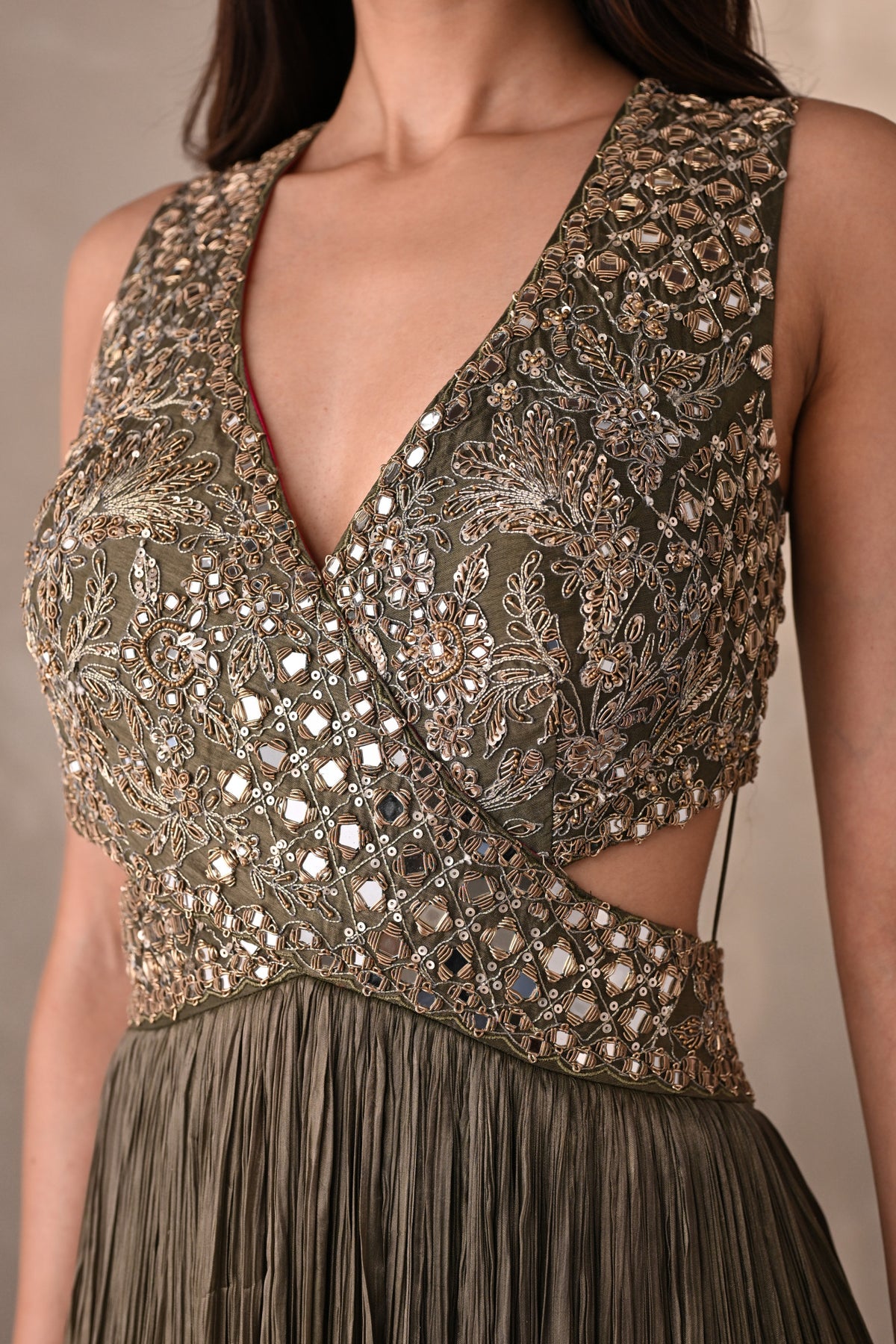 Moss Mirror Embroidered Pleated Gown