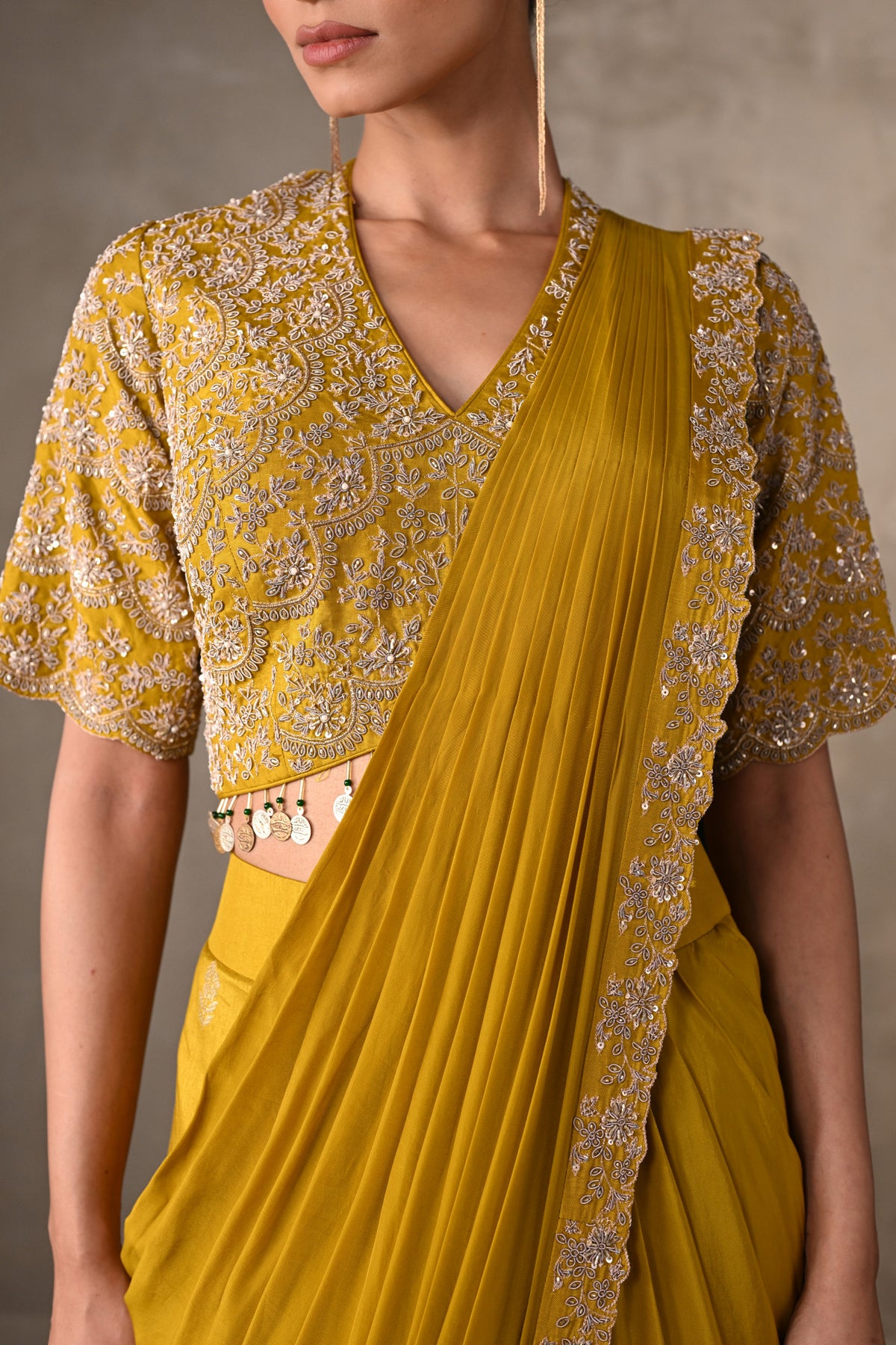 Yellow Embellished Crepe Drape Saree Set